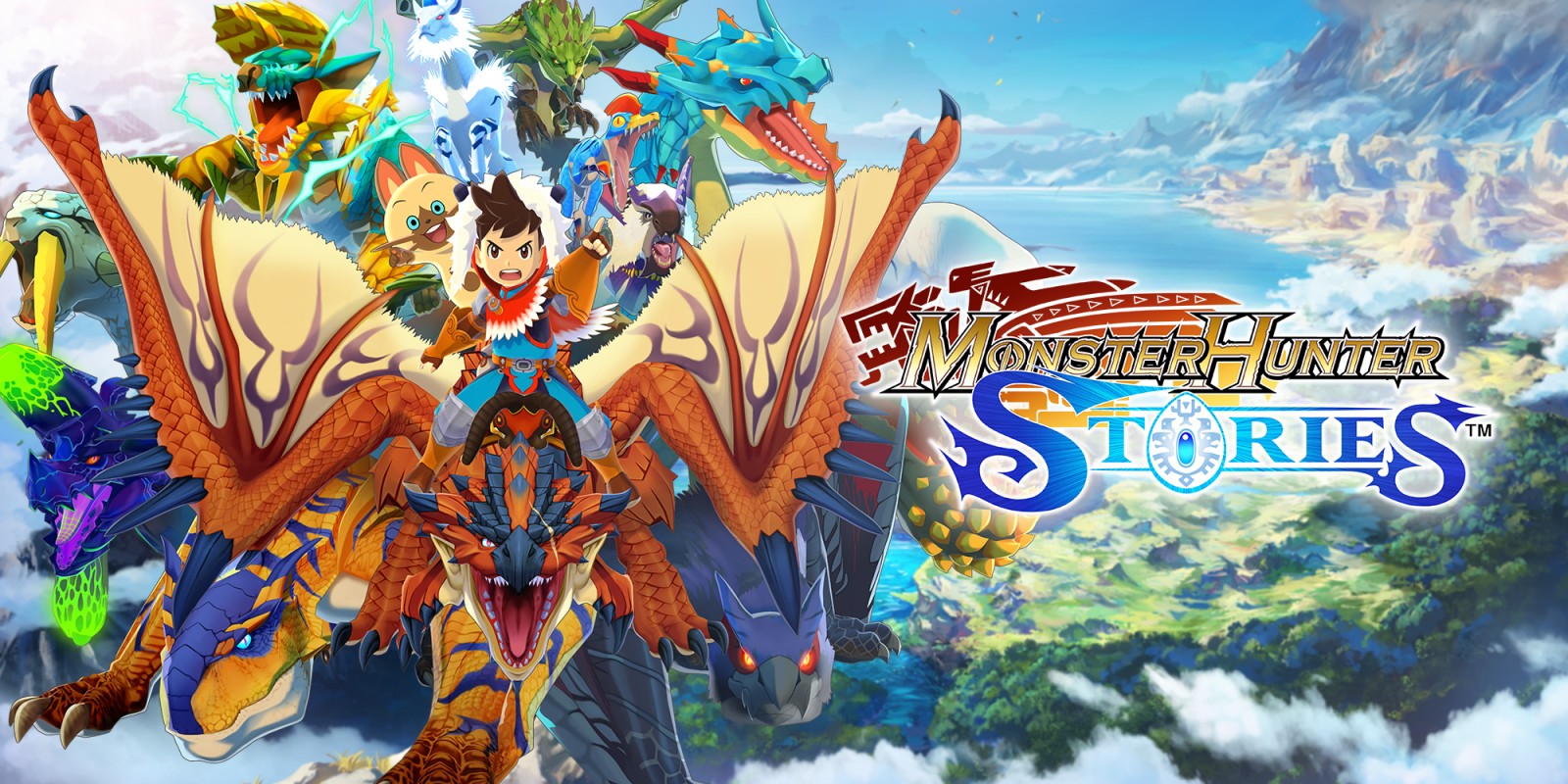 a key art for monster hunter stories. it features the player character and their partner felyne Navirou riding a rathalos with a scar on its eye, flanked by several cartoon-style monsters from the series. the game logo is to the right